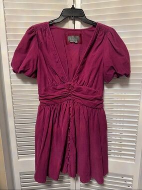 Anthropologie Plum V-Neck Short Puff Sleeve Mini Dress